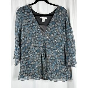 Nine West 100% Silk Women's Blue Gray Floral V-Neck Sheer Blouse Size 12